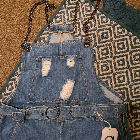Women's Distressed Blue Denim Overalls - Picture 2 of 4